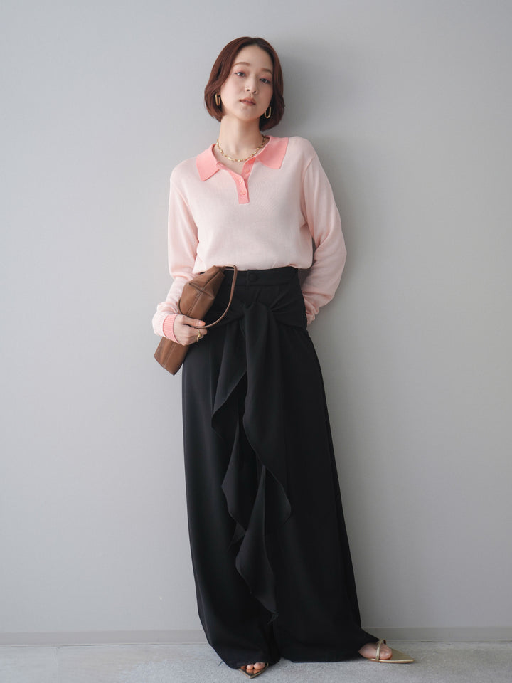 [SET]配色デザインシアーポロニット+ラッフルベルトワイドパンツ(2set)