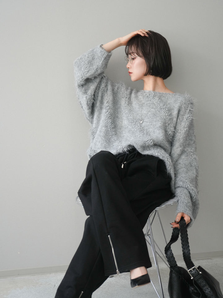 [SET]シャギーデザインニットプルオーバー+裾ZIPスエットワイドパンツ(2set)