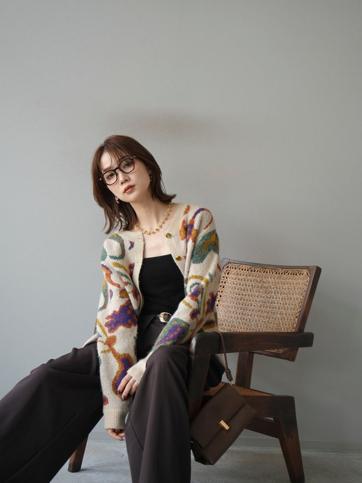 【着回しセット】[SET]求心柄クロップドニットカーディガン+ミックスヤーンペイズリー柄ニットカーディガン+ベルトループデザインワイドパンツ(3set)