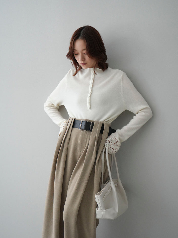 [SET]袖スカラップレースフロントボタンウールニットトップス+ベルトデザインループコールテンワイドパンツ(ベルト付き)(2set)