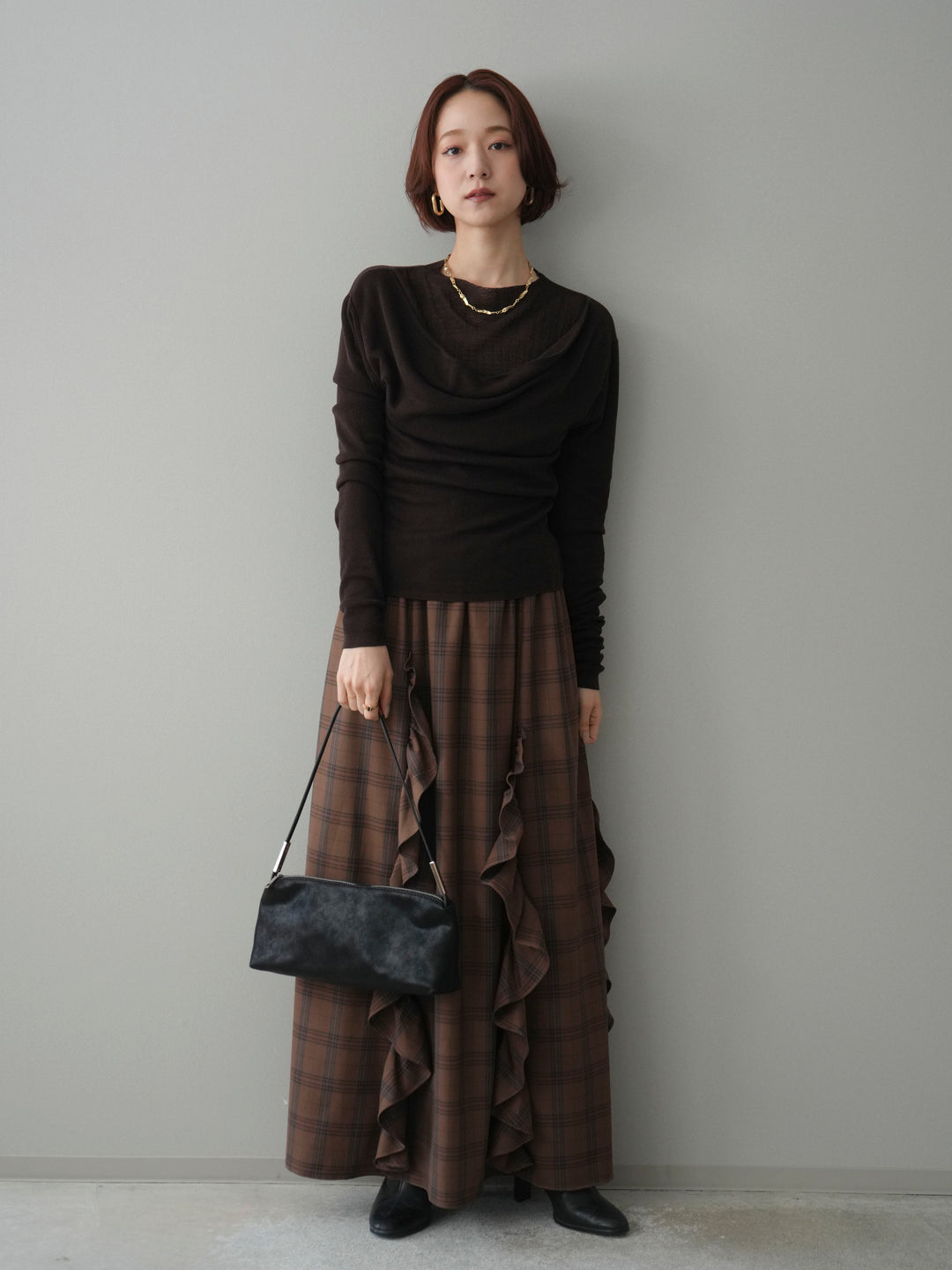 [予約]ボトルネックドレープレイヤードニットトップス/brown