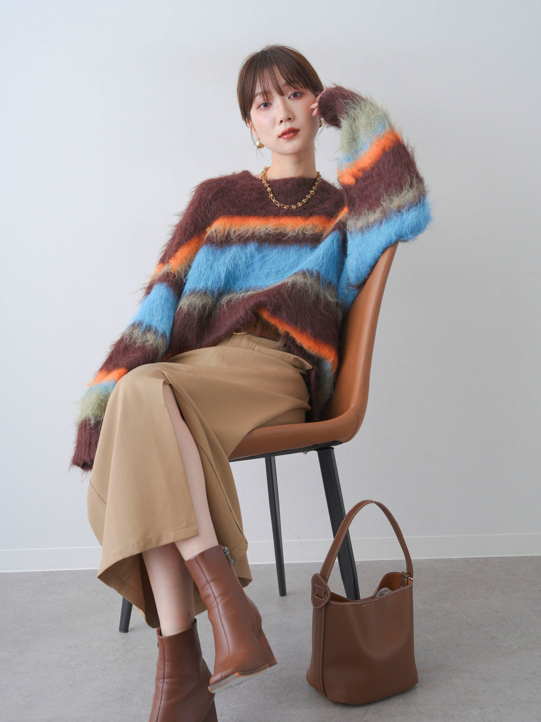[予約]カラフルボーダーシャギーニットプルオーバー/brown