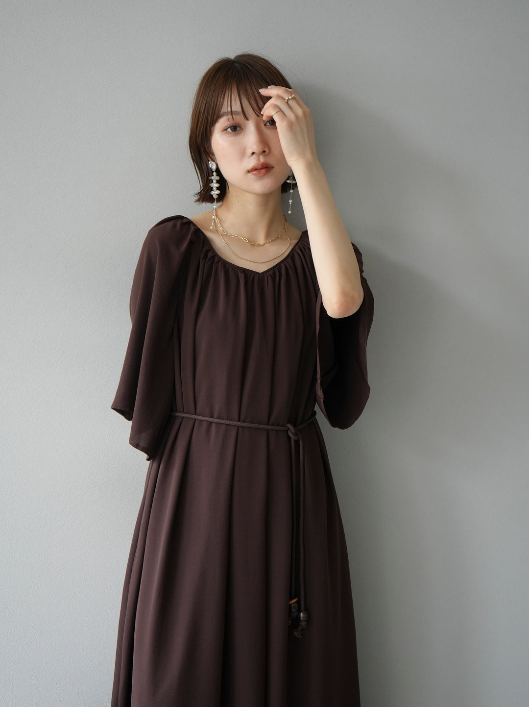 [Pre-order] Belted 5/8 Sleeve Loose Dress/Brown