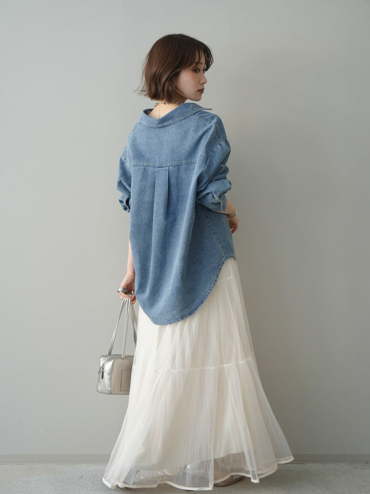 [SET]レースレイヤードデニム開襟シャツ+ラメプリーツレイヤードチュールロングスカート(2set)