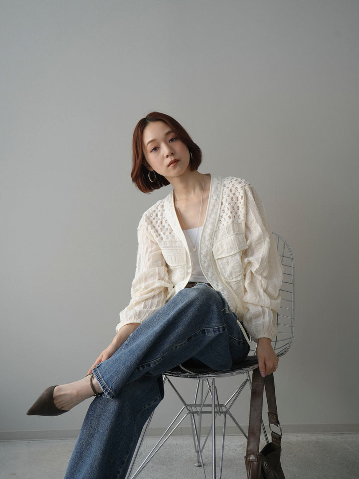 [SET]パッチワークシアーフリルブルゾン+カップ付テレコリブベアキャミソール+ダメージデニムセミワイドパンツ(3set)