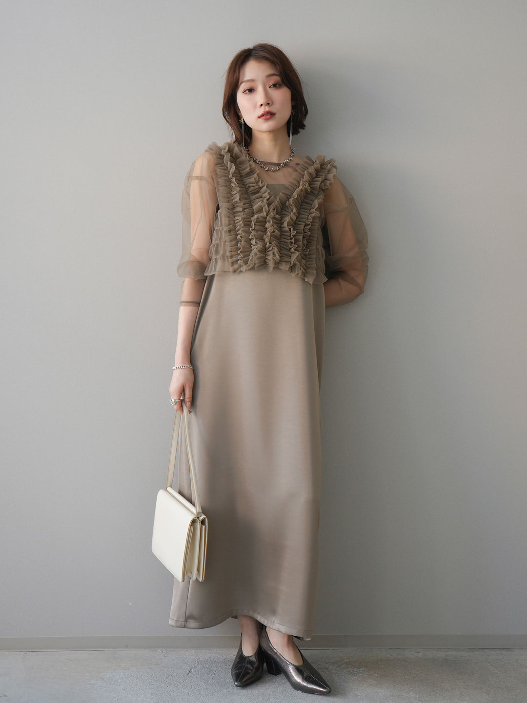 [予約]チュールフリルアンサンブルキャミソールドレス 3点SET/beige