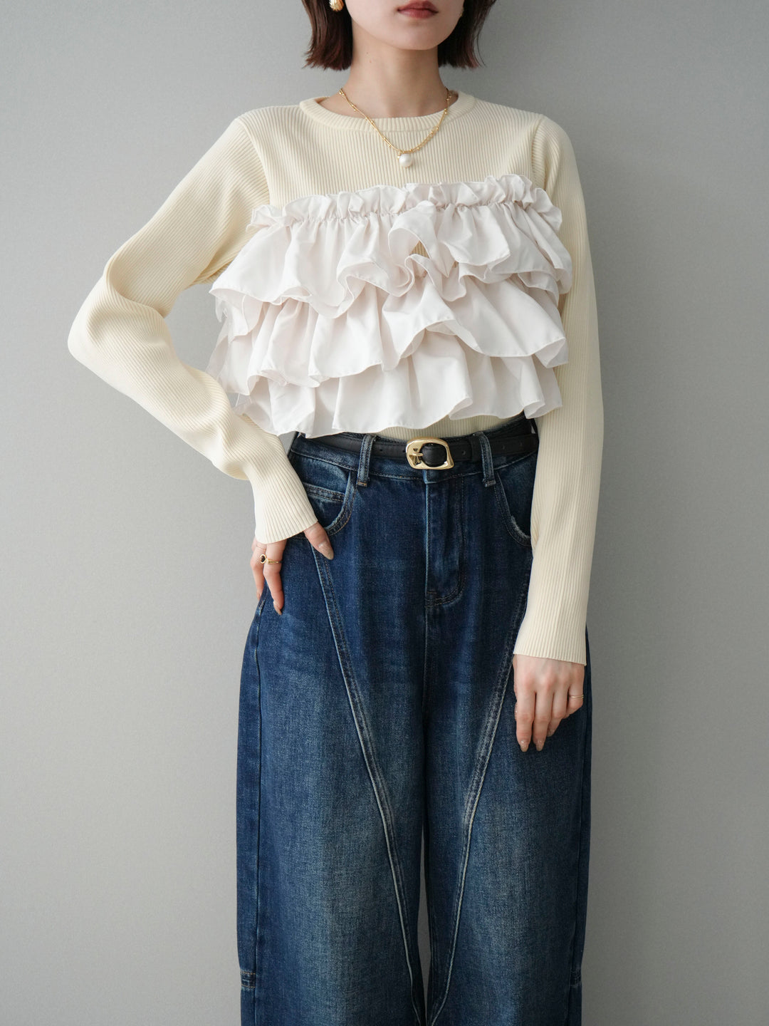 [SET]フリルビスチェドッキングスポンジニットプルオーバー+裏起毛加工デニムカーブパンツ(2set)