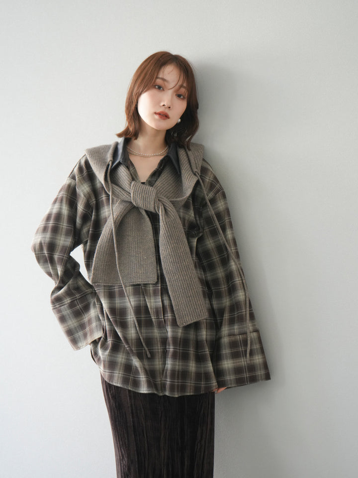 [SET]レザー襟オンブレチェックオーバーシャツ +クラッシュベロアナロースカート(2set)