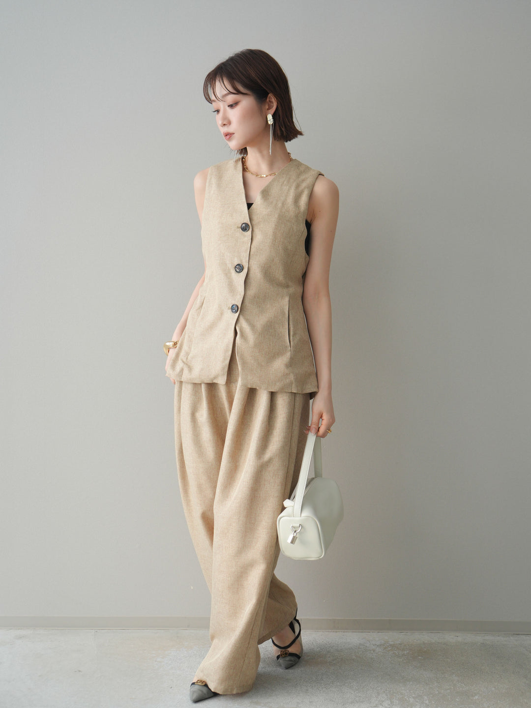 [SET]リネンライクバックオープンジレ+リネンライクタックワイドパンツ(2set)