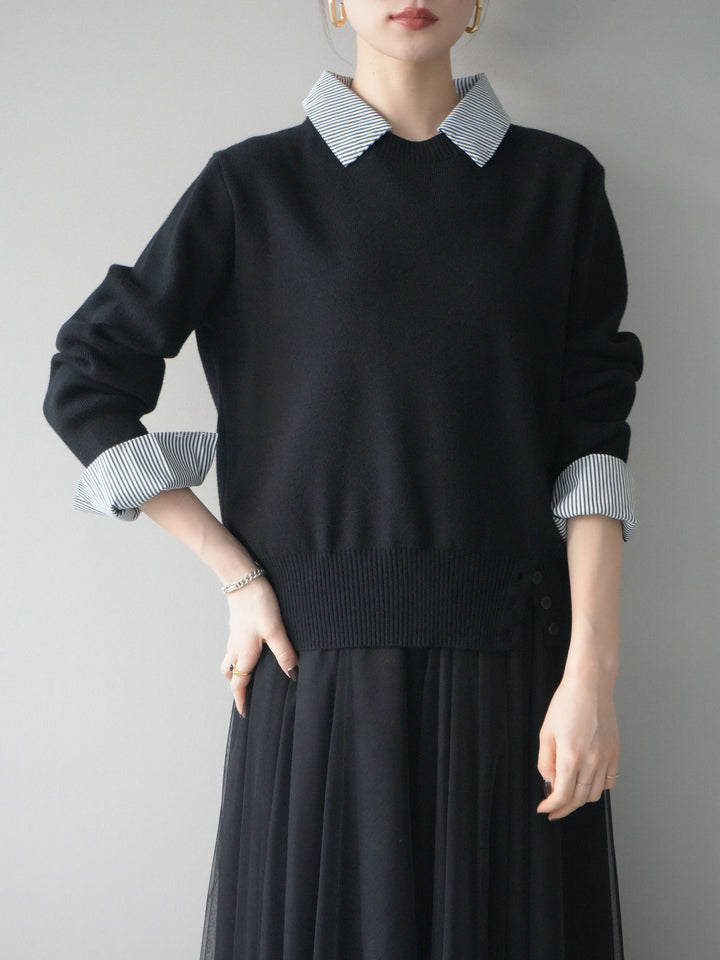 [予約]シャツドッキングデザイン裾ボタンニットプルオーバー/black