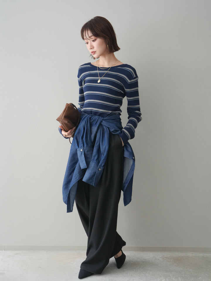 [予約]ウエストバイカラータックワイドパンツ/black