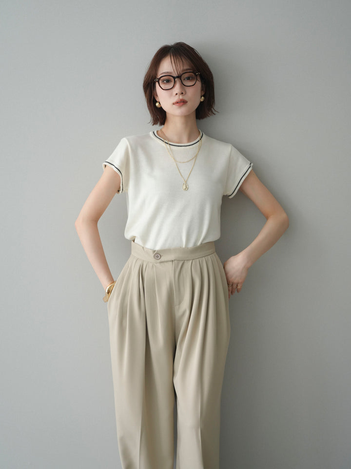 [SET]配色ハーフスリーブニットトップス+メニータックワイドパンツ(2set)