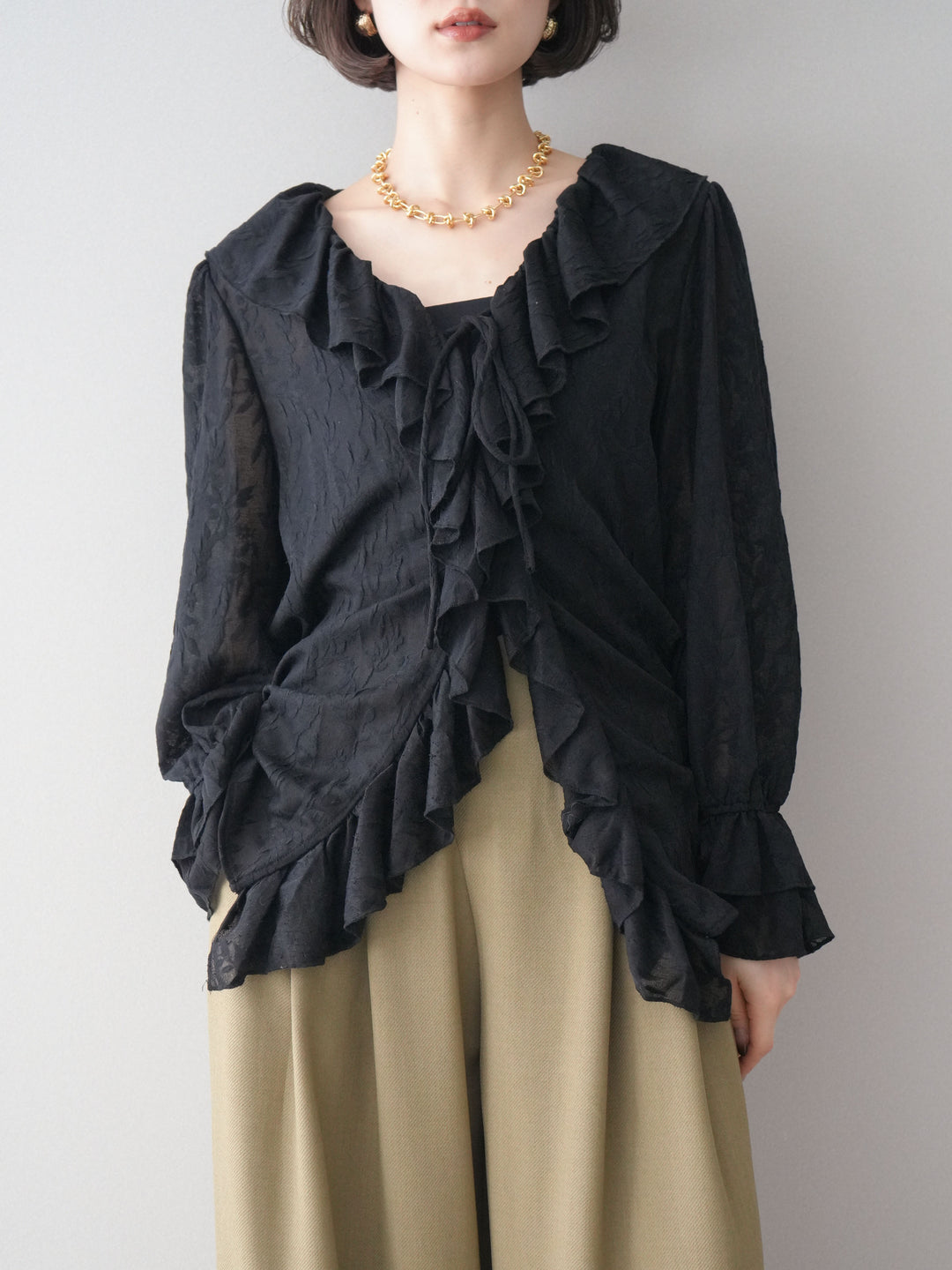 [予約]ラッフルレーススリットブラウス/black