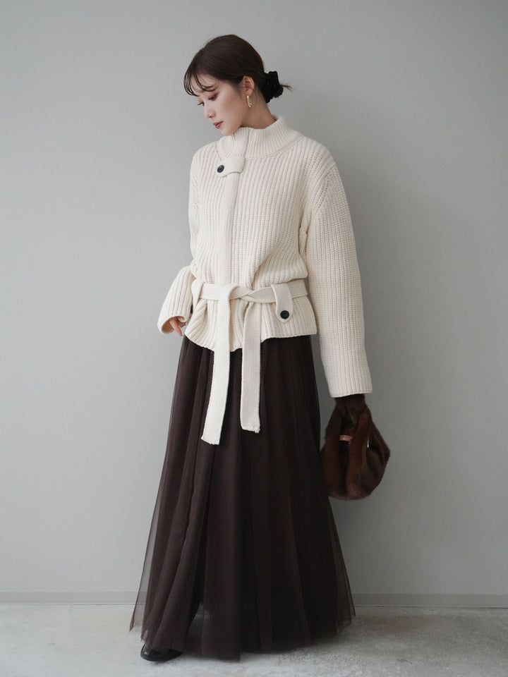 [SET]畦編みボトルネックZIPニットカーディガン+チュールボリュームスカート(2set)
