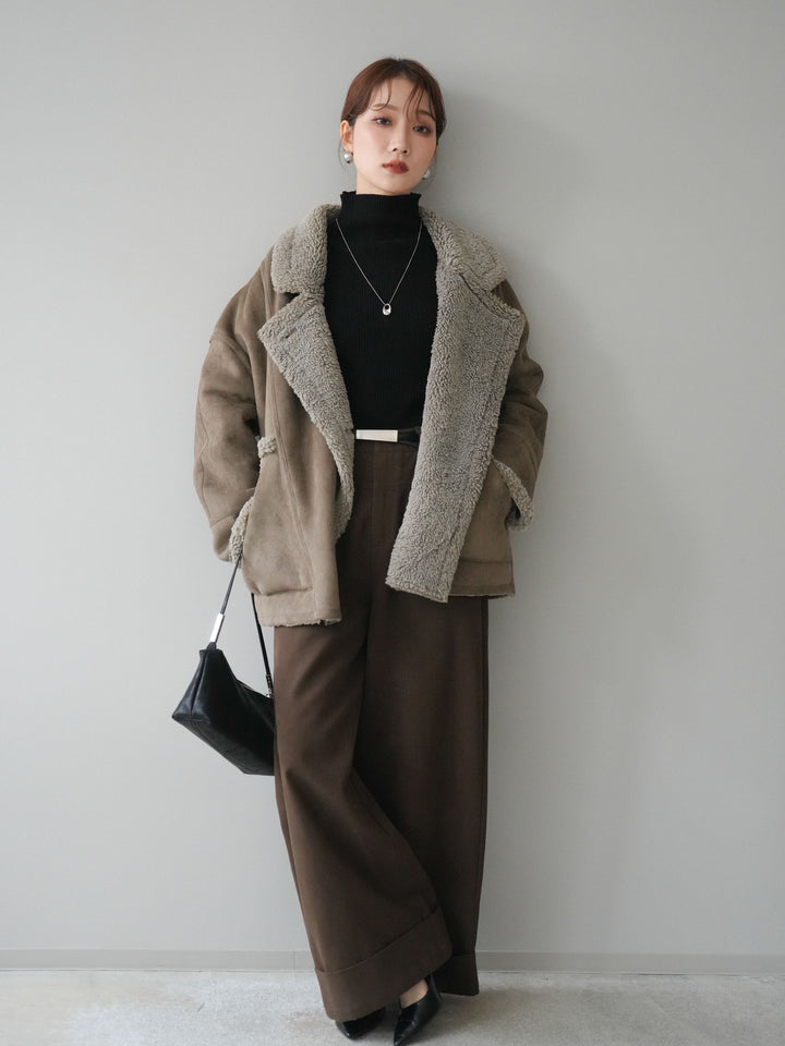 [予約]ベルト付き折り返しコットンツイルワイドパンツ/brown