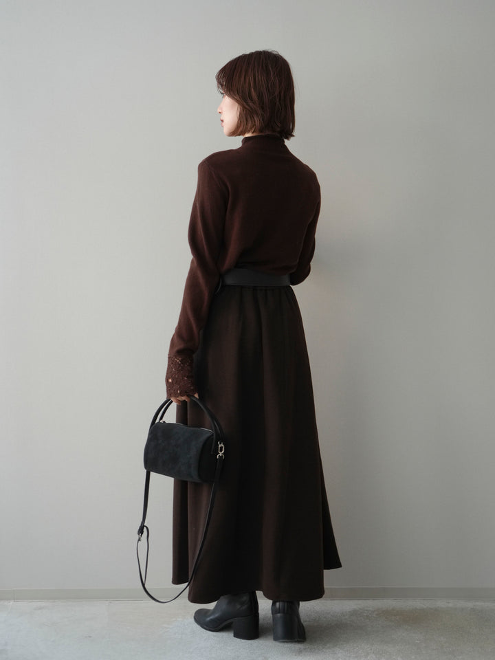 [SET]袖スカラップレースフロントボタンウールニットトップス+ベルト付きベルトループスカート(2set)