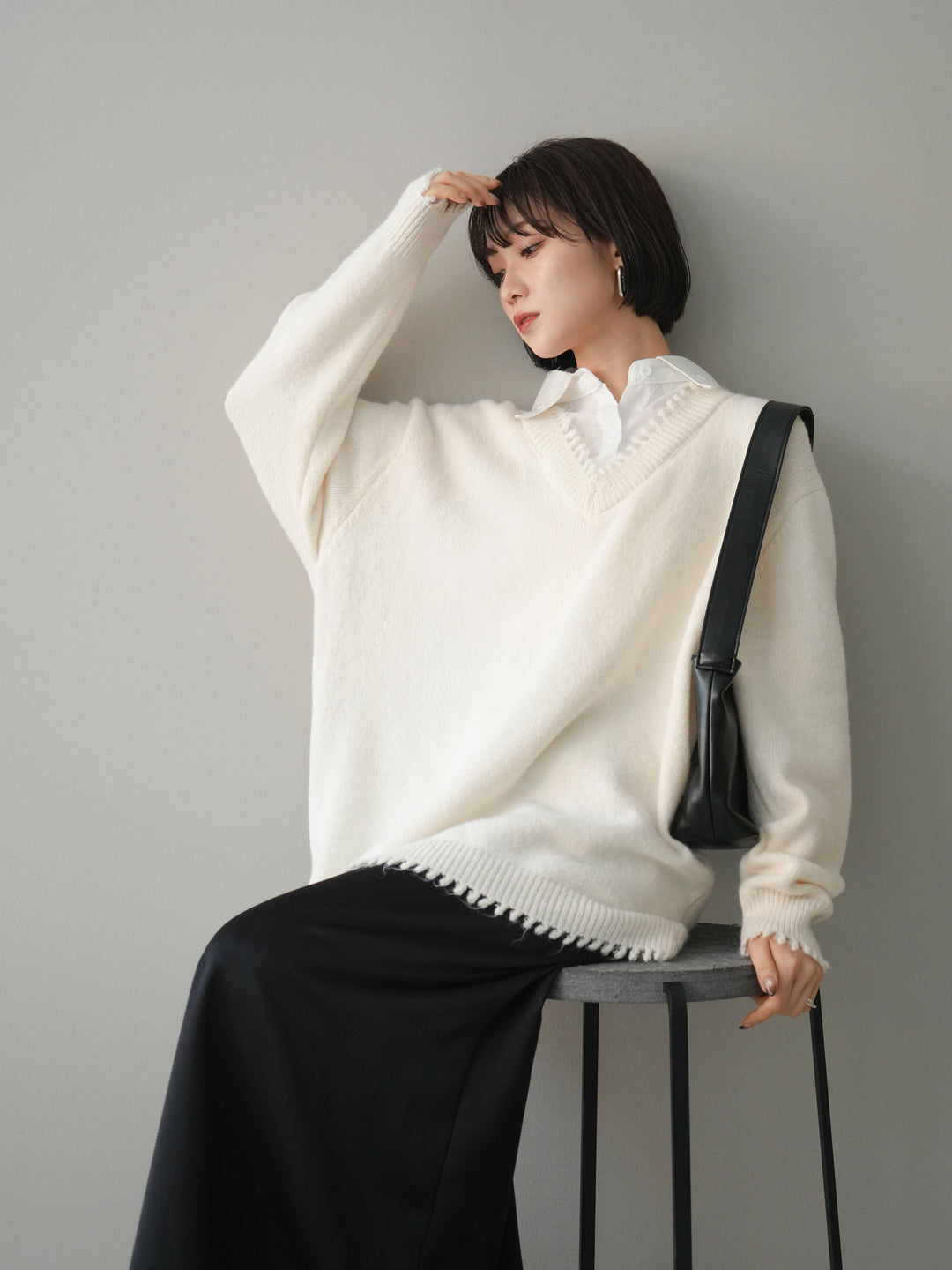 [SET]シャツドッキングVネックフリンジニットプルオーバー+選べるアクセセット(2set)