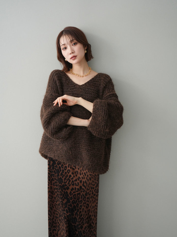 [予約]ワッフル編みシャギーニットプルオーバー/brown