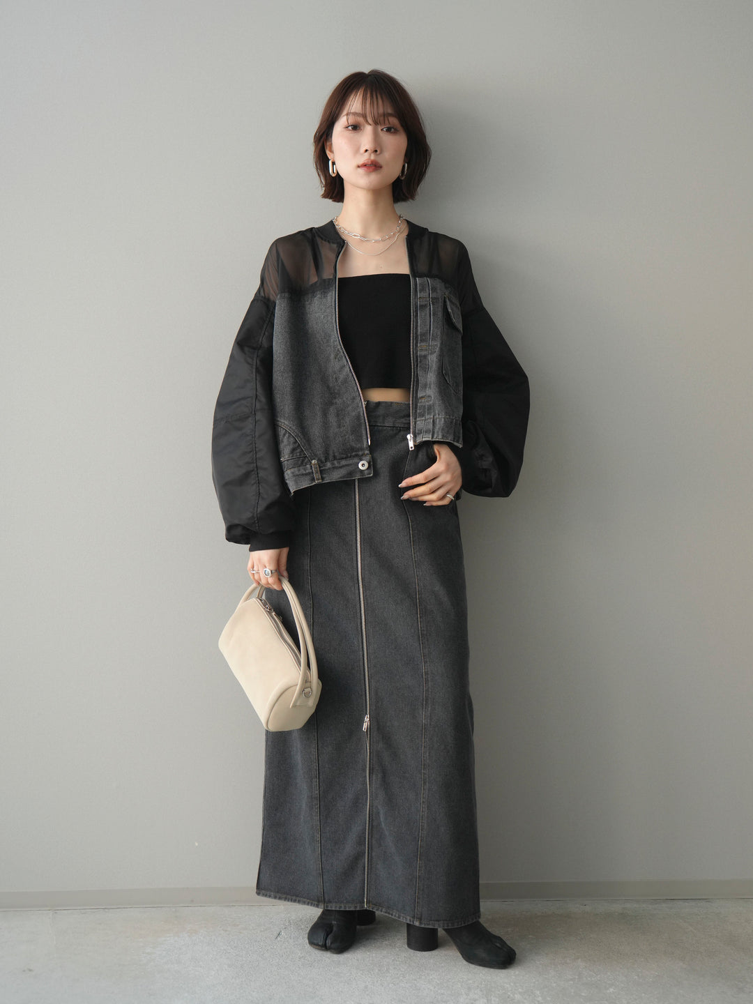 [SET]異素材デニムブルゾン+フロントジップデニムスカート(2set)