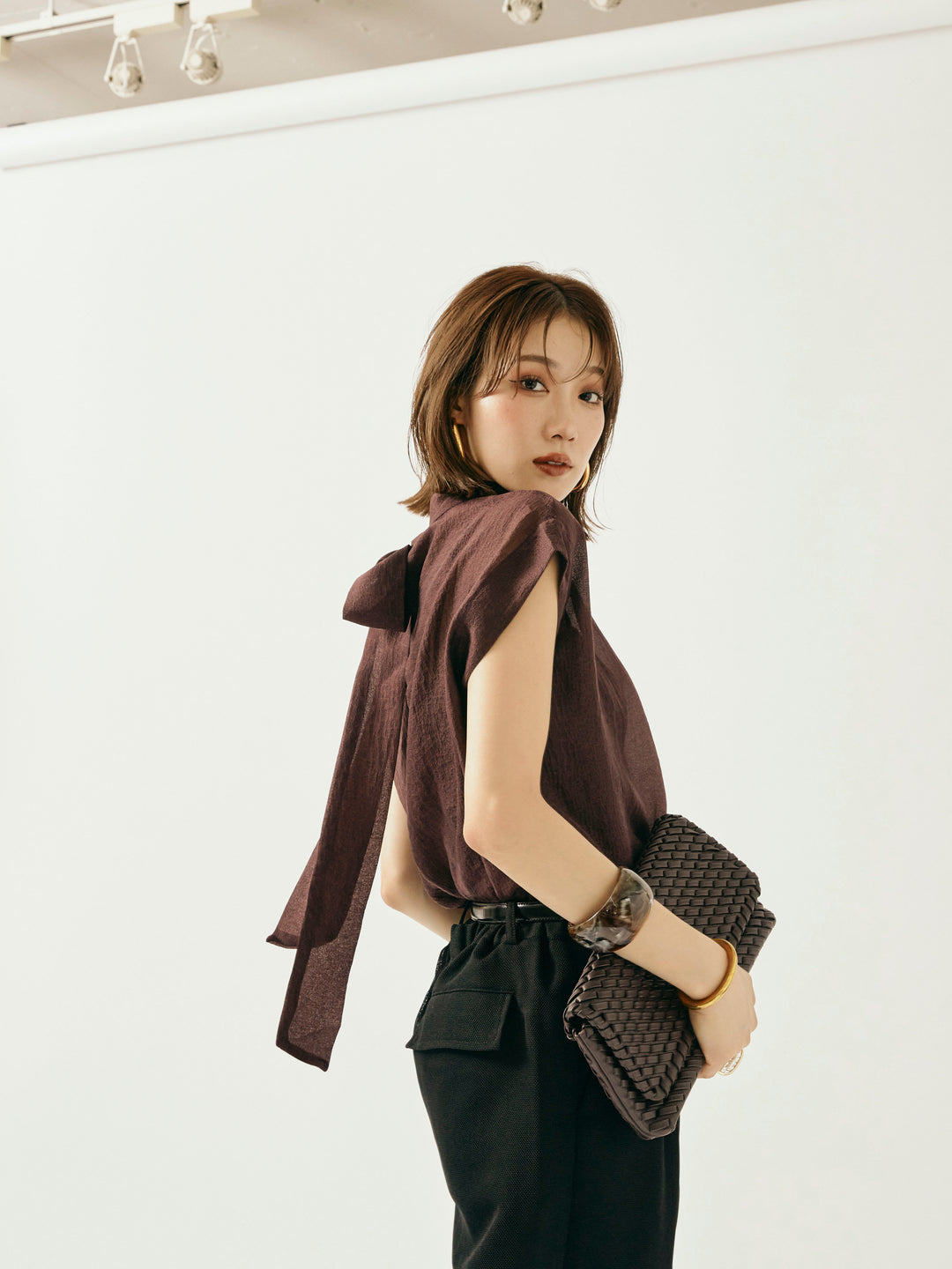 【Allure】[SET]シャイニーシアーブラウス+メッシュタックワイドパンツ(2set)