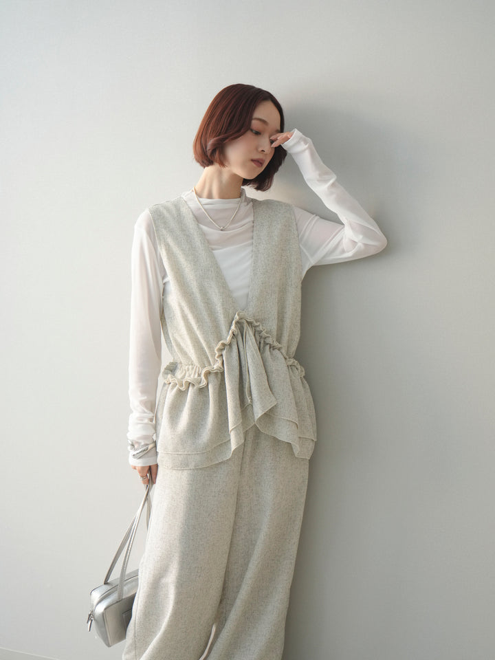 [SET]3WAYミックスツイードギャザーオールインワン+シアープチネックストレッチトップス(2set)