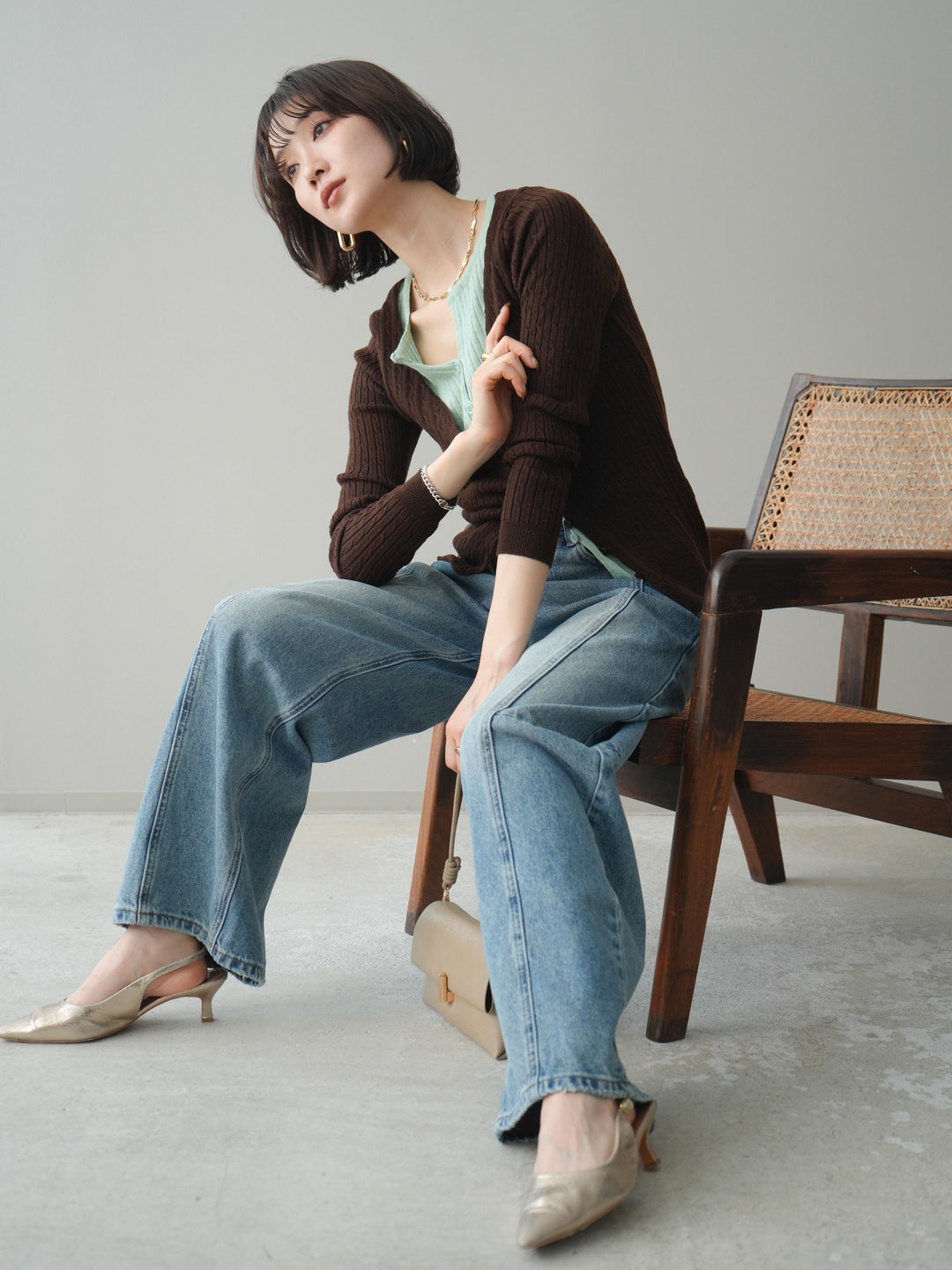 [予約]バイカラーレイヤードニットカーディガン/brown