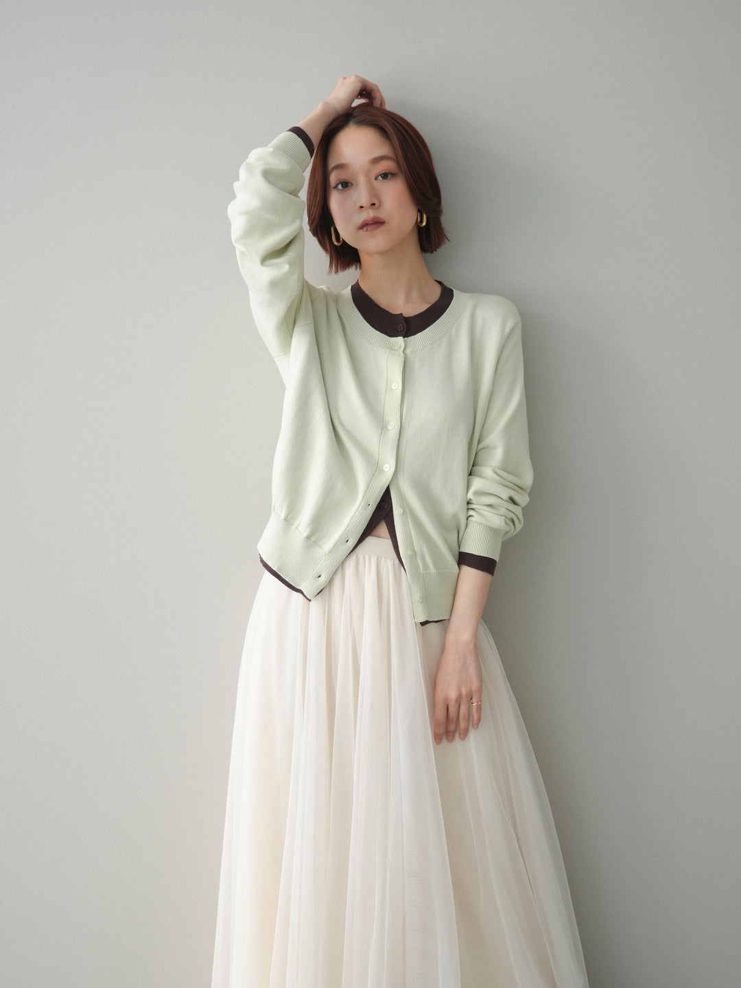 [予約]配色レイヤードコットンアクリルニットカーディガン/mint