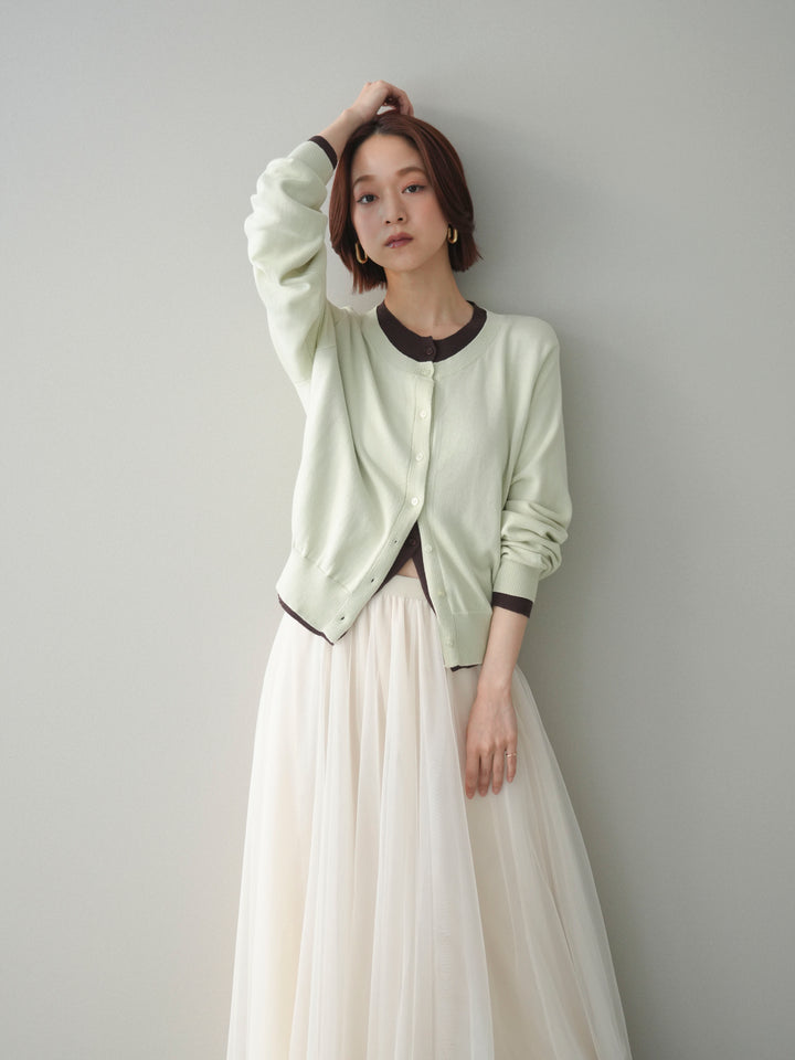 [予約]配色レイヤードコットンアクリルニットカーディガン/mint