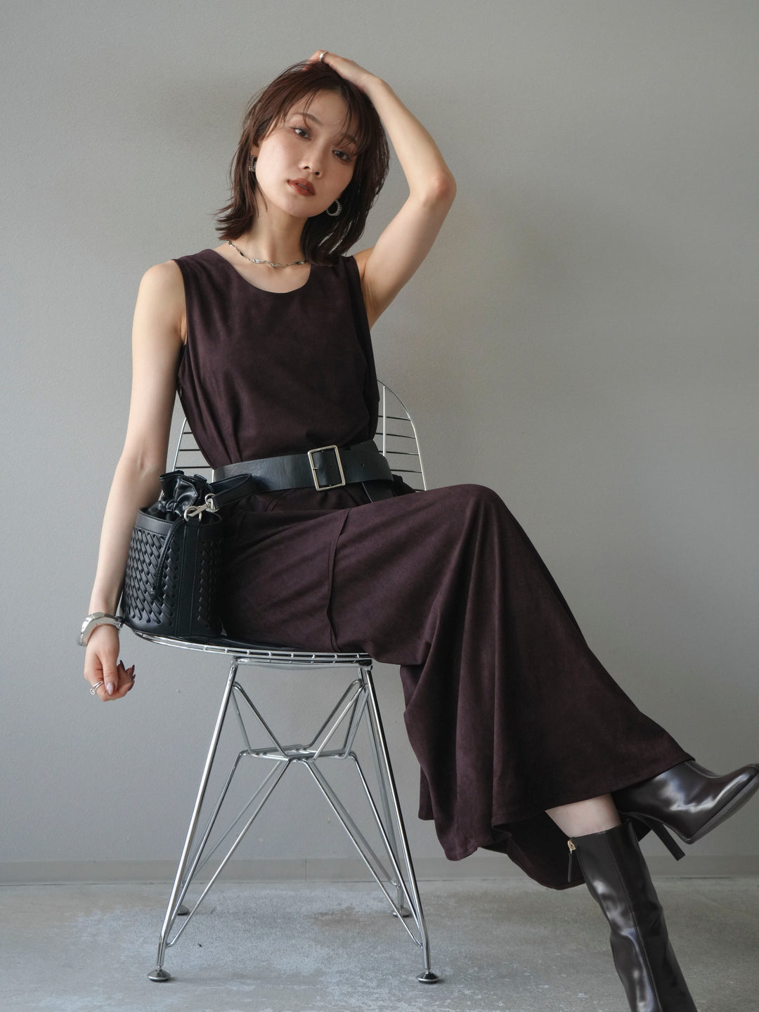 [予約]スエードアウトシームデザインベルト付ワンピース/bordeaux