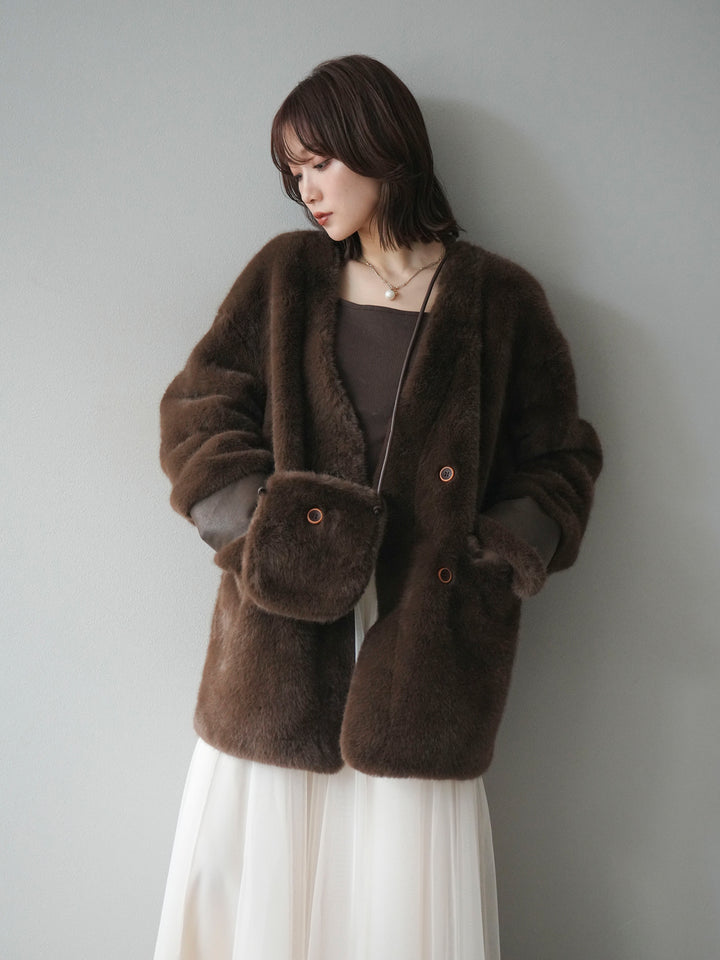 [SET]バッグ付エコファーノーカラーコート+チュールボリュームスカート(2set)