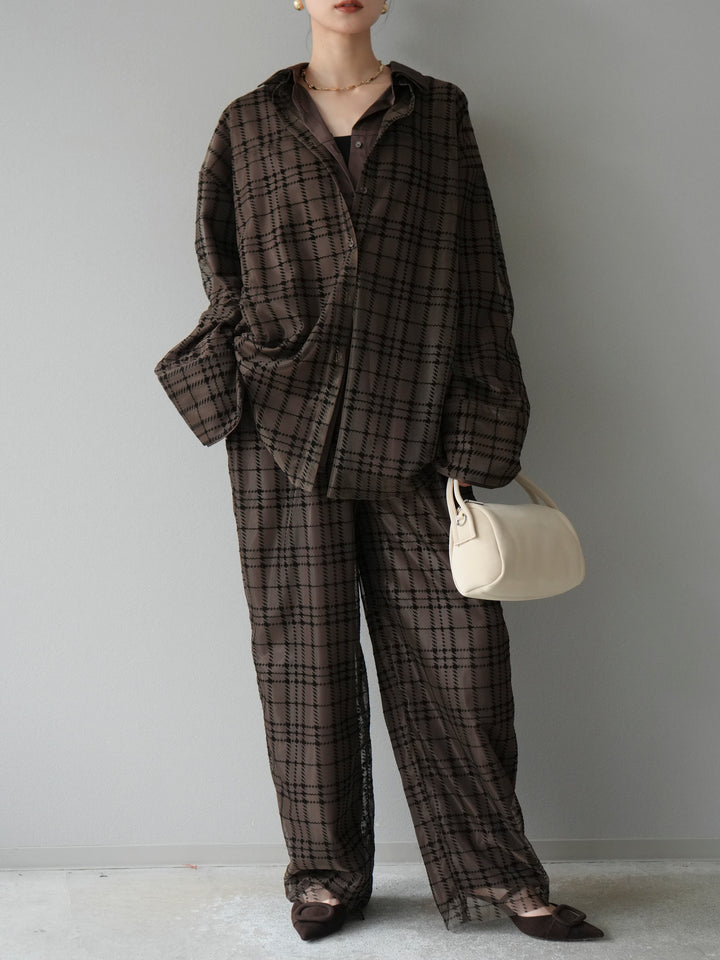 [予約]チェック柄チュールシャツアンサンブル/ブラウン