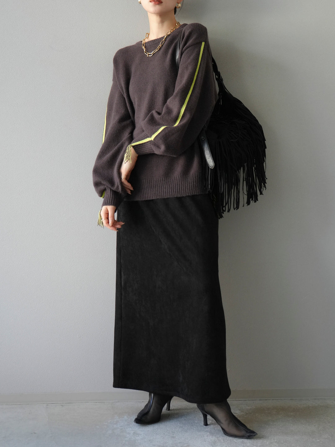 [予約]配色ステッチフリンジニットプルオーバー /ブラウン