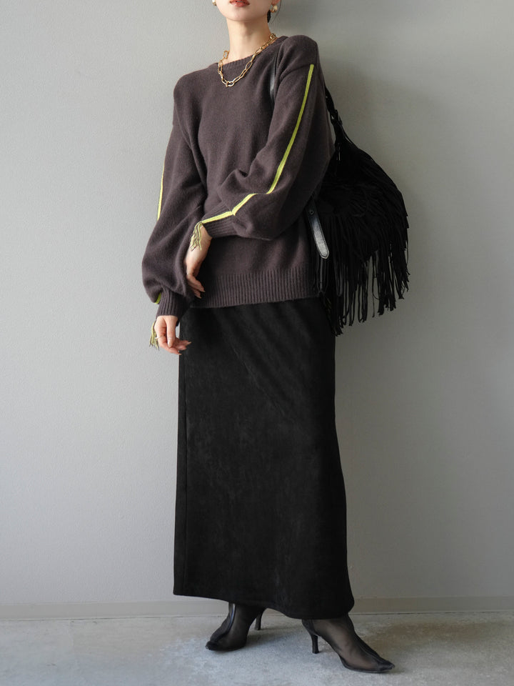 [予約]配色ステッチフリンジニットプルオーバー /ブラウン
