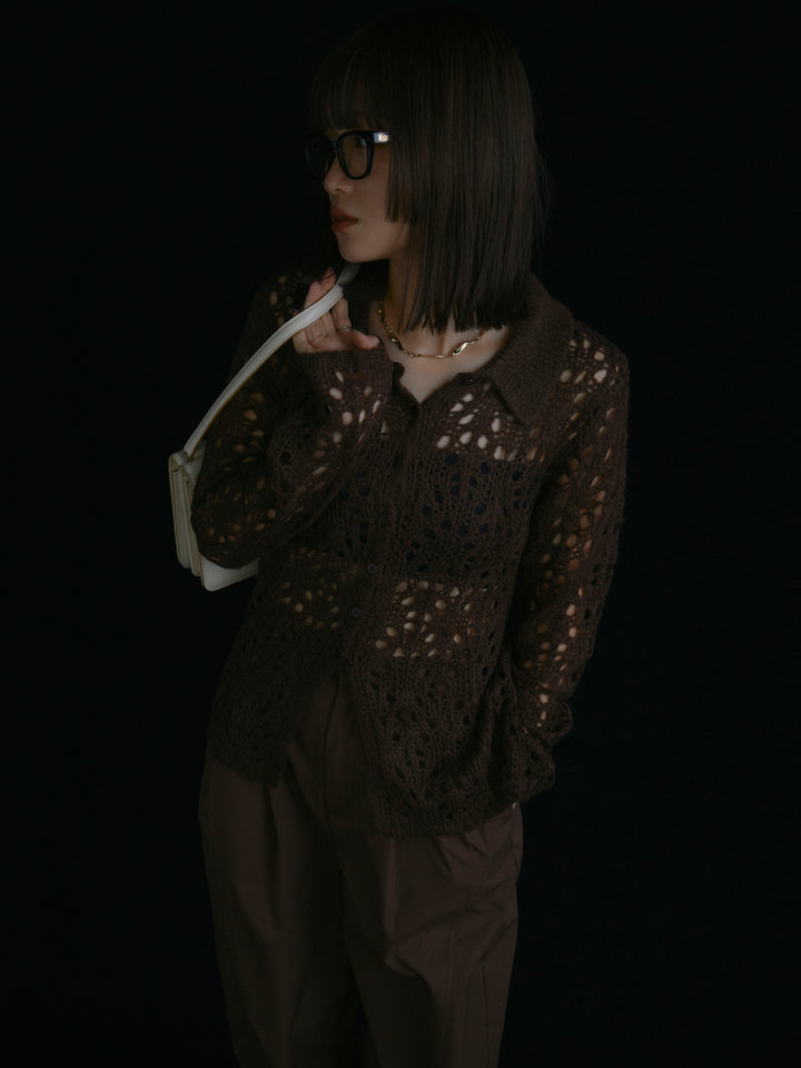 【Allure】[SET]ローゲージ透かし編みポロニッカーディガン+ローゲージ透かし編みポロニッカーディガン(2set)