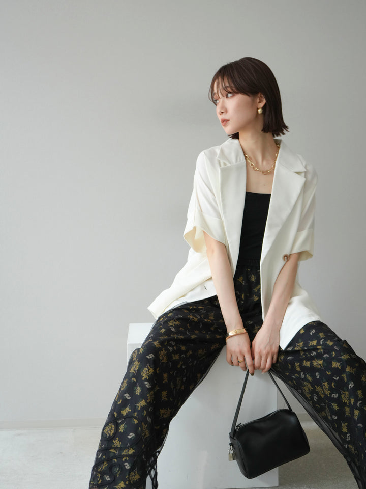 [SET]リネンライクハーフテーラードジャケット+コード刺繍チュールレイヤードパンツ(2set)