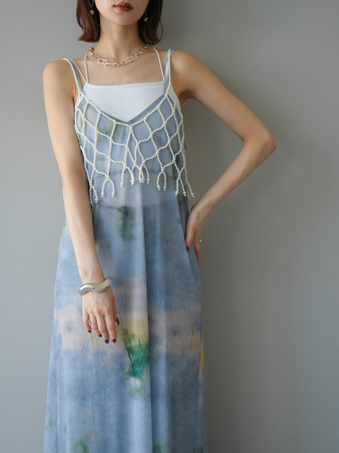 [予約タイダイ柄シアーキャミワンピース/サックス