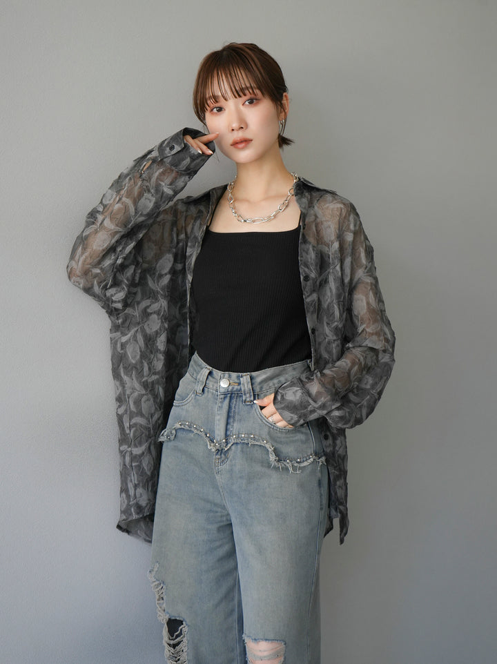 [Pre-order] Tulip Jacquard Sheer Shirt/Black