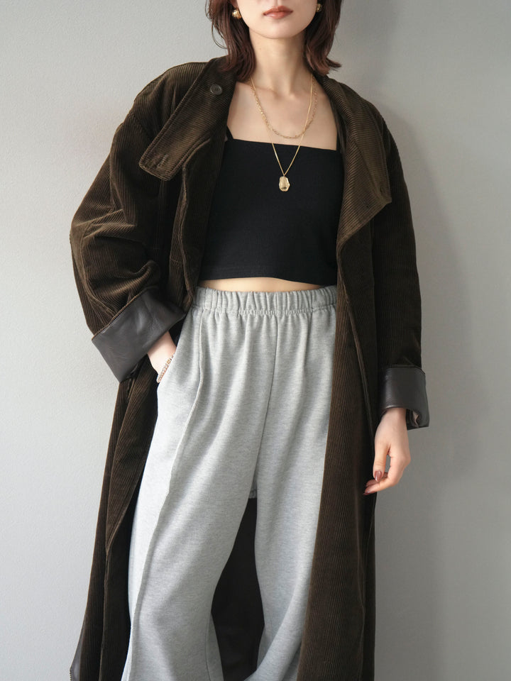 [予約]コーデュロイ折り返しレザーロングコート/khaki
