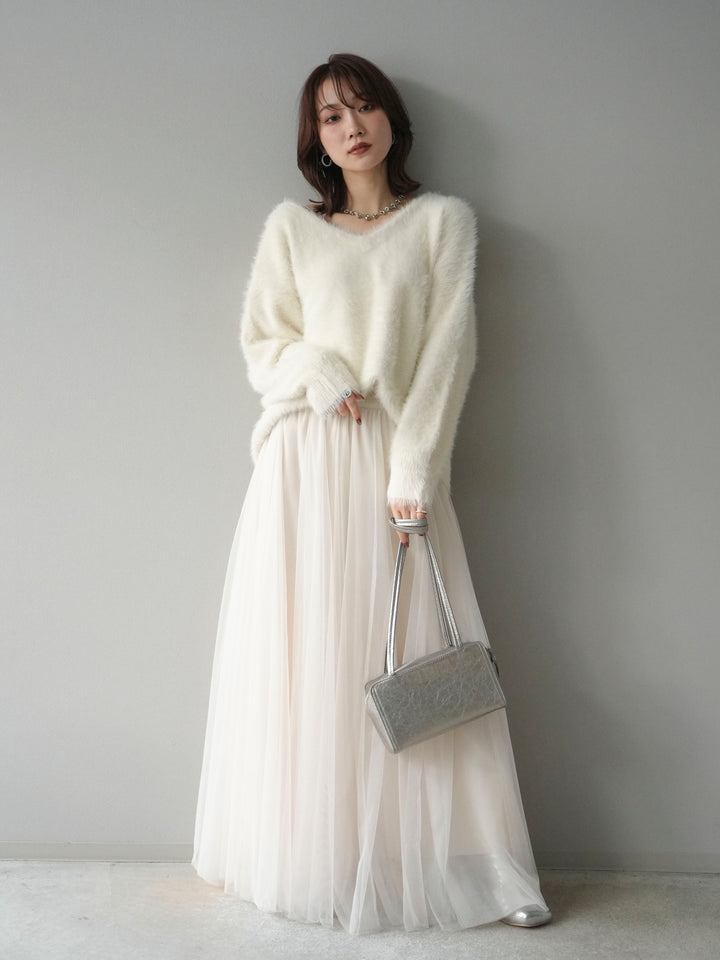 [SET]バックリボンVネックシャギーニットプルオーバー+チュールボリュームスカート(2set)