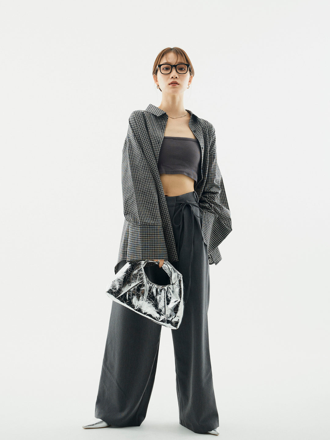 【Allure】[SET]チェックBIGカフスオーバーシャツ+ラップデザインタックワイドパンツ(2set)