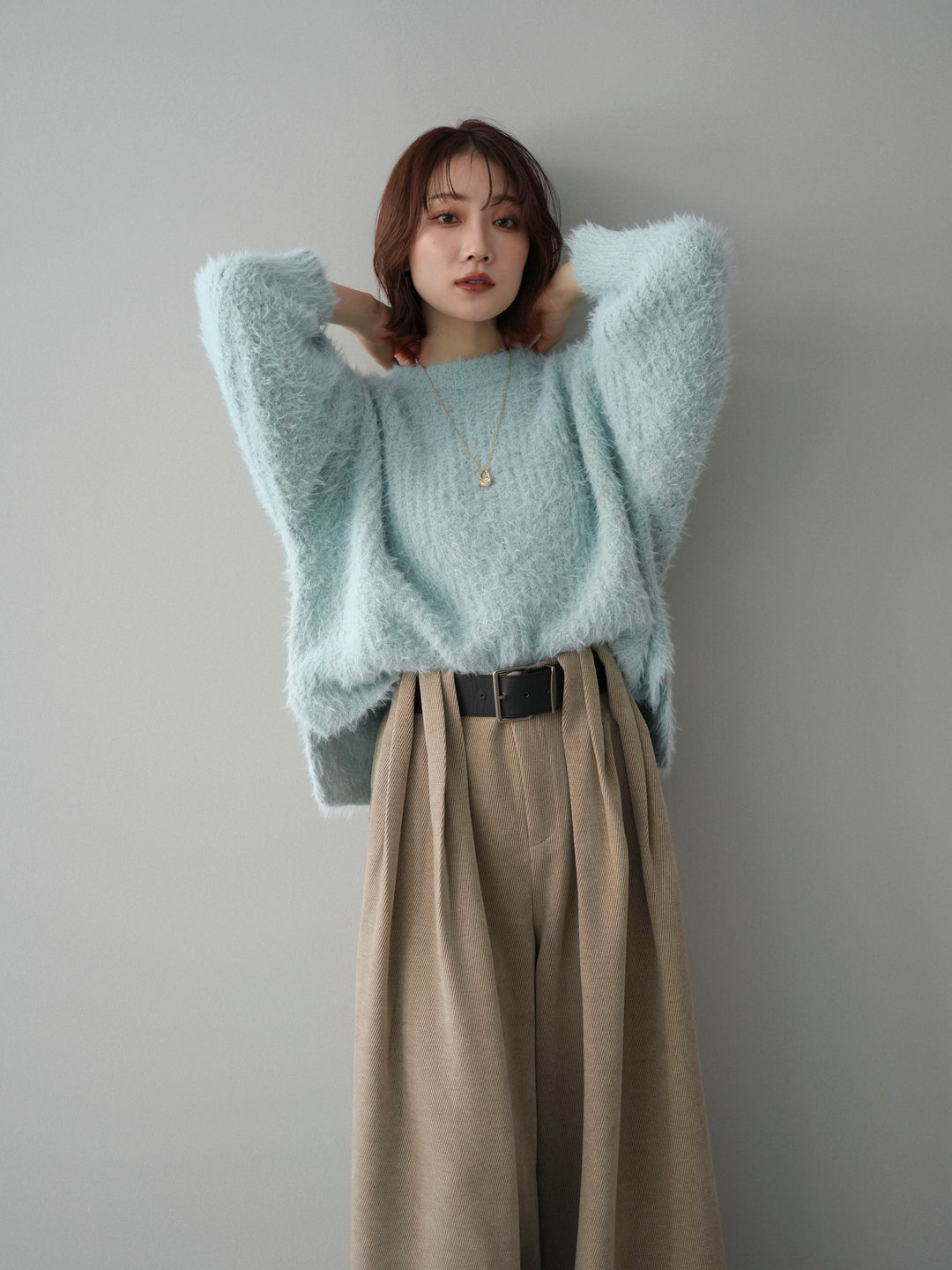 [SET]ボリュームスリーブシャギー MIXニットプルオーバー+ベルトデザインループコールテンワイドパンツ(ベルト付き)(2set)