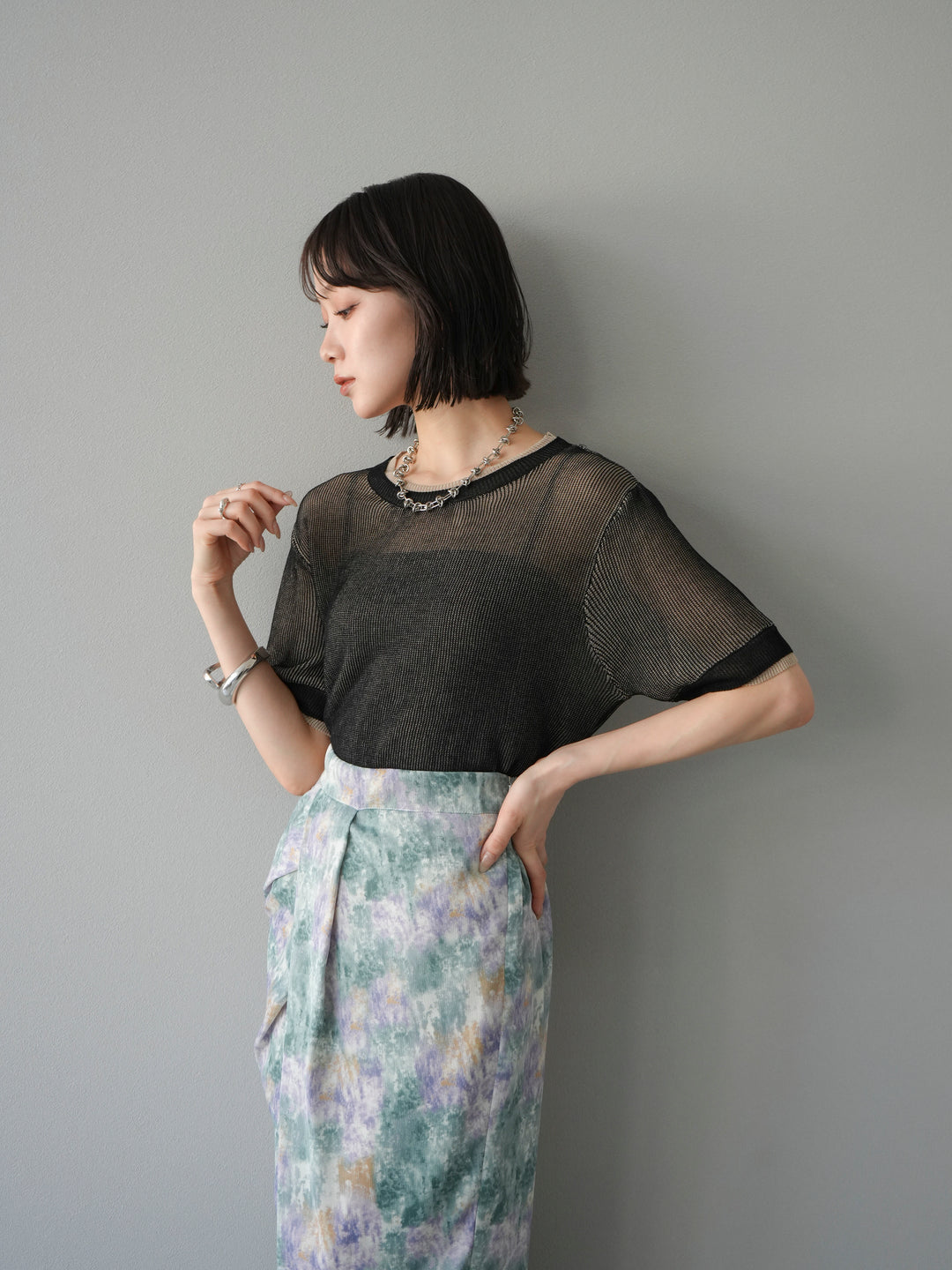 [SET]リネンタッチ配色二重臼ハーフニットトップス+選べるアソート柄スカートセット(2set)