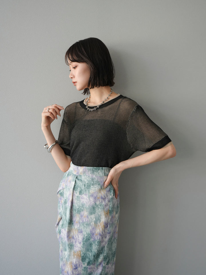 [SET]リネンタッチ配色二重臼ハーフニットトップス+選べるアソート柄スカートセット(2set)