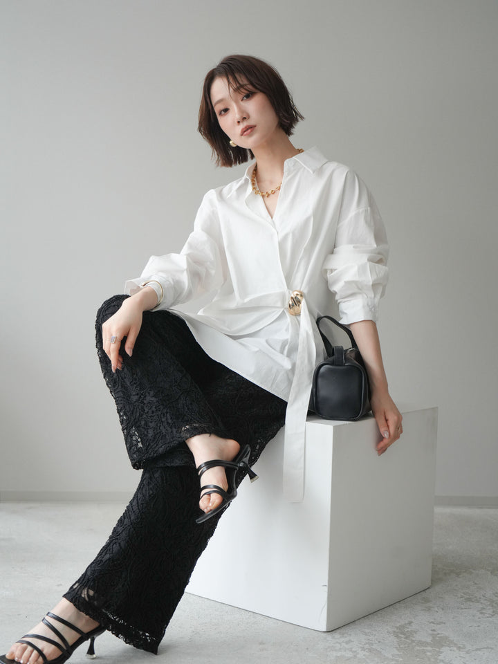 [SET]メタルパーツドレープシャツ+シアーコードレースイージーパンツ(2set)