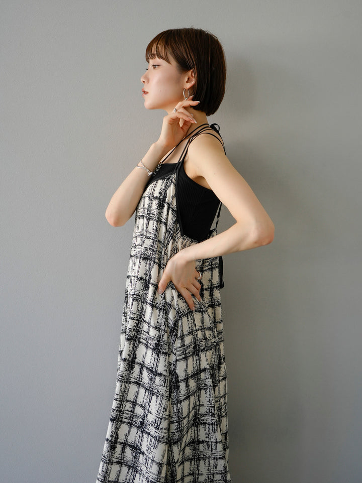 [SET] Paint check print cami dress + double strap cut rib bra camisole (2set)