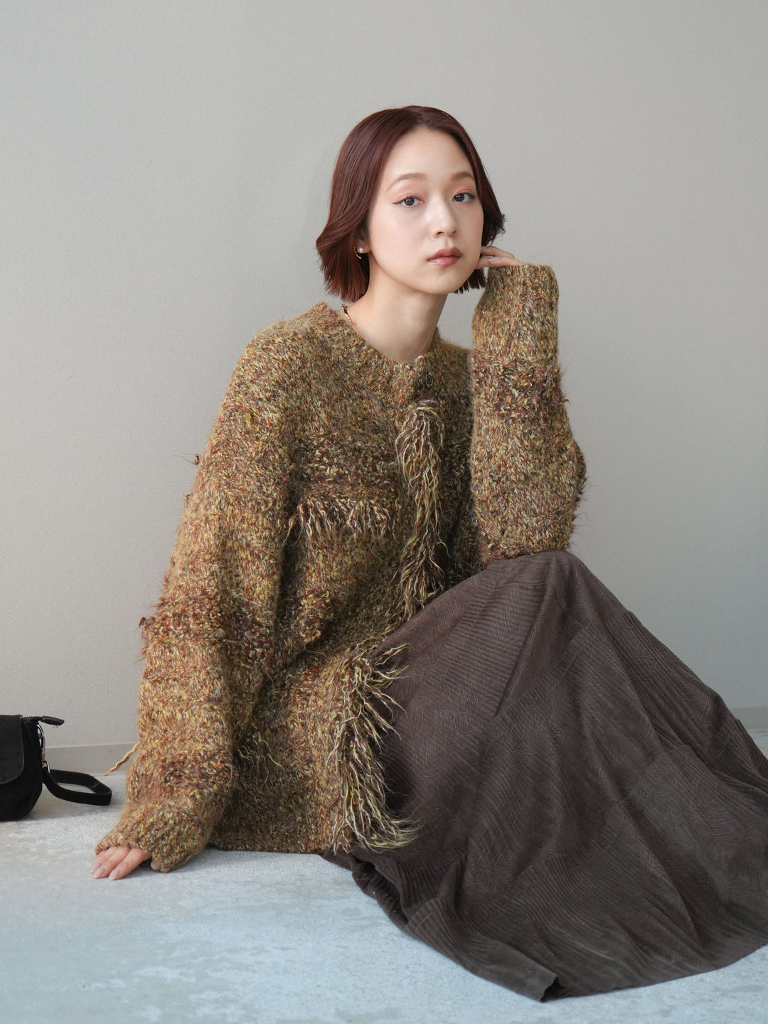 [SET]ミックスヤーンフリンジデザインニットジャケット+型押しスエードティアードプリーツスカート(2set)