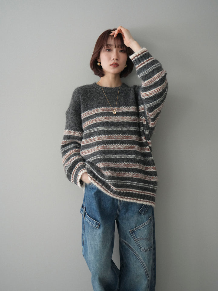 [SET]ステッチボーダーニットプルオーバー+ペインターカーブデニムパンツ(2set)