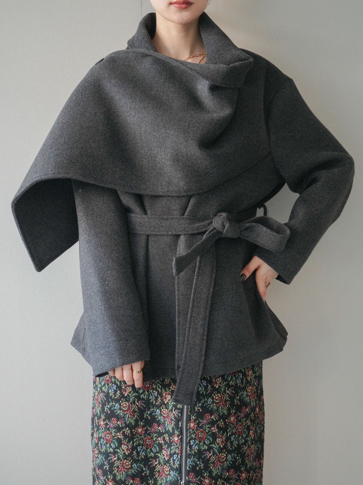 [予約]ストールデザインショートコート/charcoal