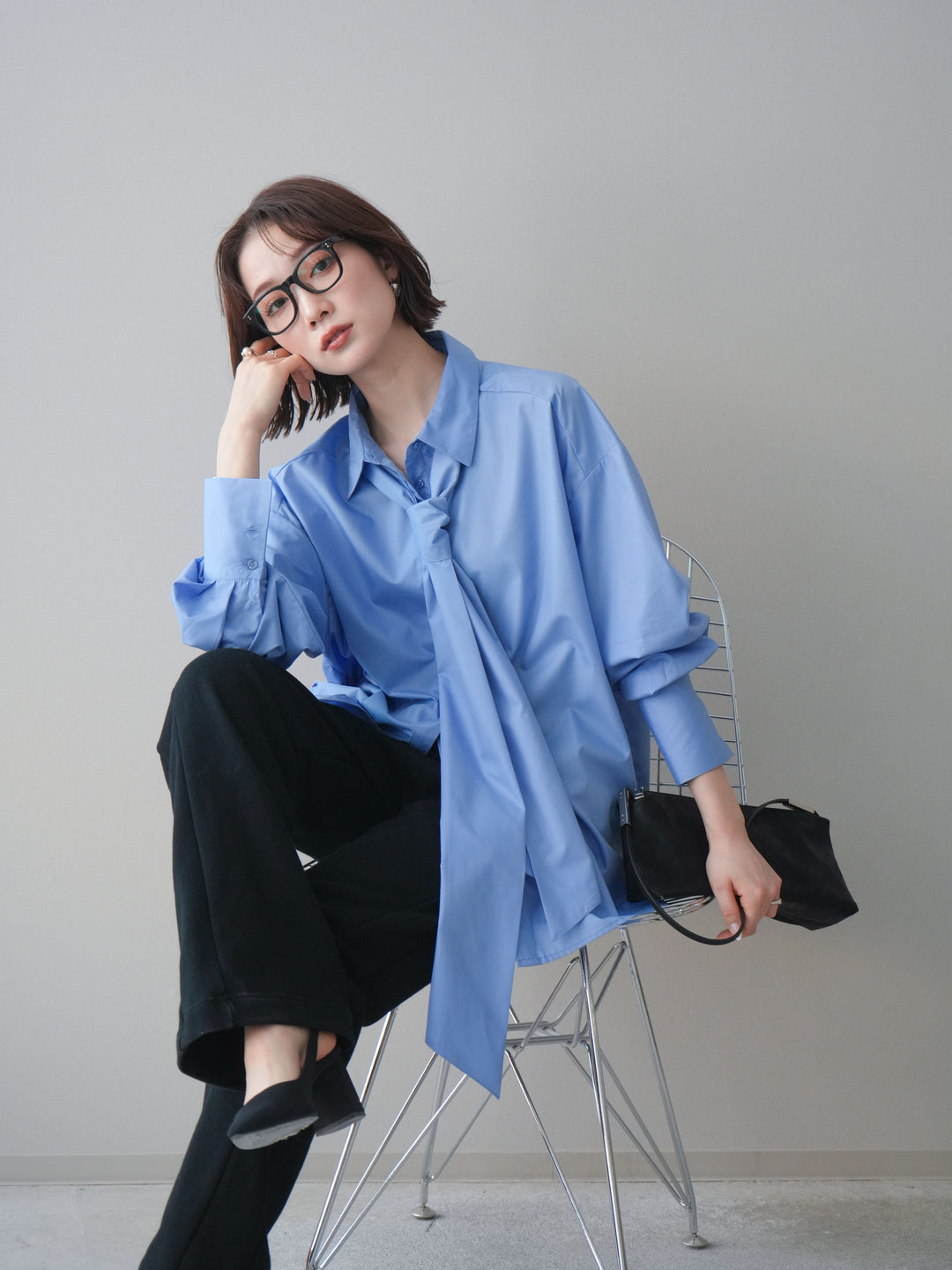 [予約]ボウタイ付オーバーシャツ/blue