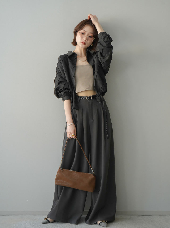 [SET]パイピングクロスデザインブラウス+編み込みベルト付タックワイドパンツ(2set)